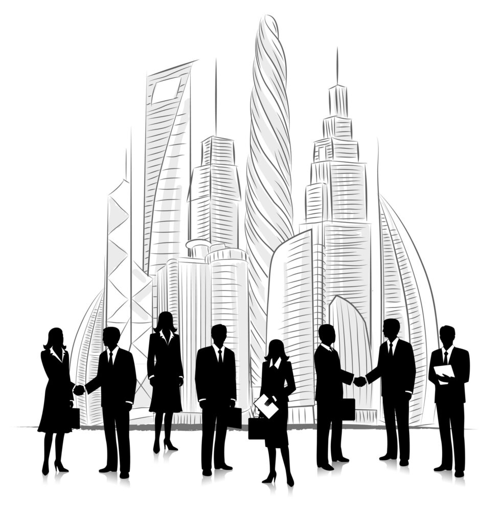 Business professionals networking in front of modern city skyline illustration.