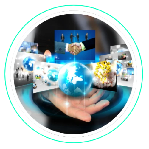 Digital business concept with globe, handshake, and technology icons.